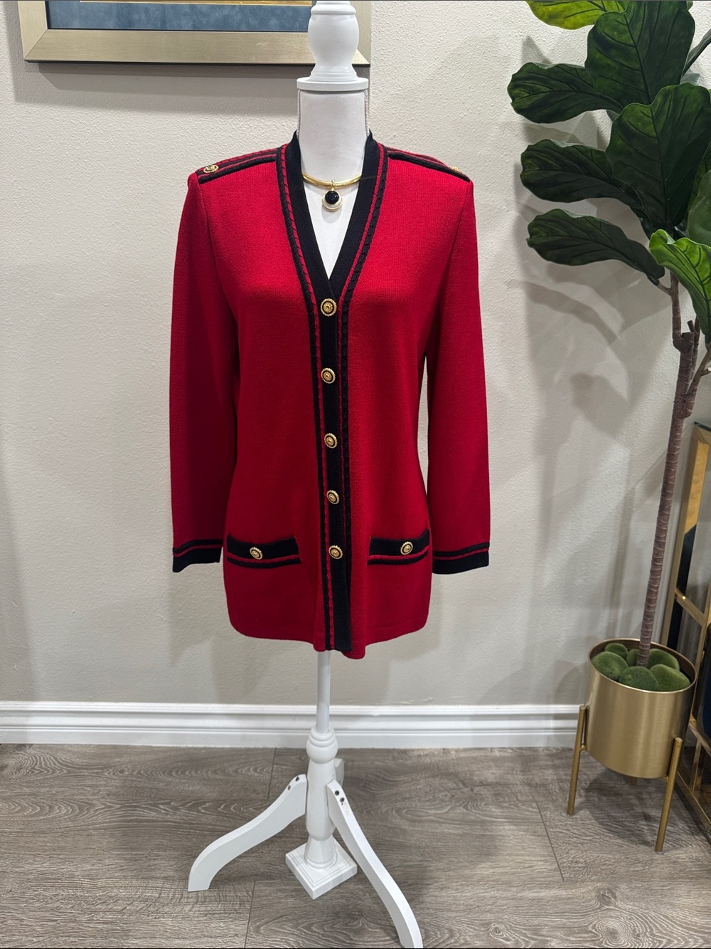 St. John Red Knit Blazer with Black Trim